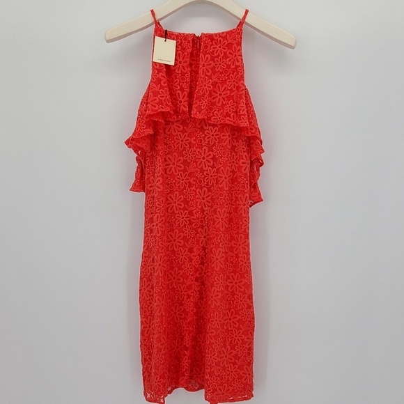 Trina Turk Lady Bug Roseville Ruffle Cold Shoulder Knit Lace Mini Dress Small - Picture 6 of 8